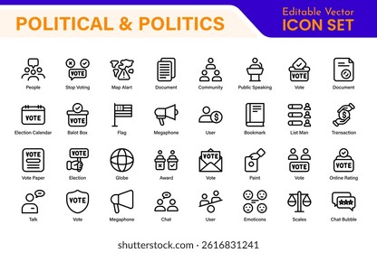 Politics Icon Set. A comprehensive collection of icons representing political themes, perfect for enhancing campaign materials, educational resources, and civic engagement initiatives.