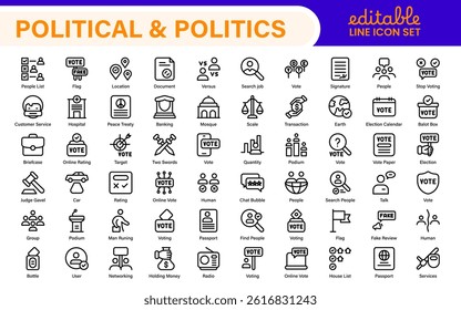 Politics Icon Set. A comprehensive collection of icons representing political themes, perfect for enhancing campaign materials, educational resources, and civic engagement initiatives.