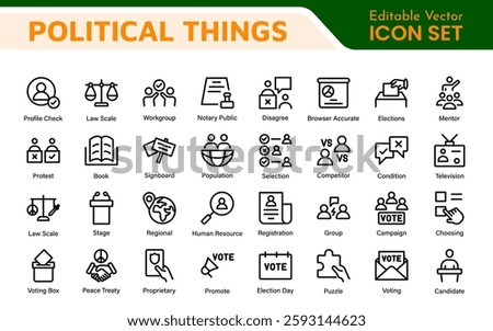 Politics Icon Set: A comprehensive collection of icons representing political themes, perfect for enhancing campaign materials, educational resources, and civic engagement initiatives.