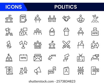 Politics icon set. It contains vector icons of Teams, Decrees, Votes, Absenteeism, Ballots, Campaigns, Demographics, Wars, Patriotism, Elections, Flags, Solutions, and Checking.