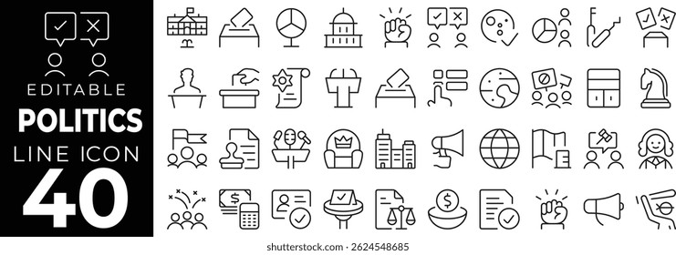 Politics icon set with editable stroke. Political and government thin line icon collection. Vector illustration
