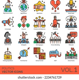 Politics icons including big government, brother, bipartisan, campaign, caucus, coattails, convention, dark horse, delegate, demagogue, fishing expedition, front burner, gerrymander, GOP, grassroots.