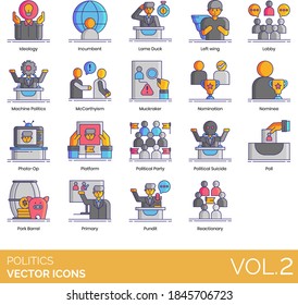 Politics Icons Including Ideology, Incumbent, Lame Duck, Left Wing, Lobby, Machine, Mccarthyism, Muckraker, Nomination, Photo-op, Platform, Political Party, Pork Barrel, Primary, Pundit, Reactionary.