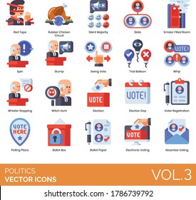 Politics icons including red tape, rubber chicken circuit, silent majority, slate, stump, swing vote, trial balloon, witch hunt, election day, voter registration, polling place, electronic voting.