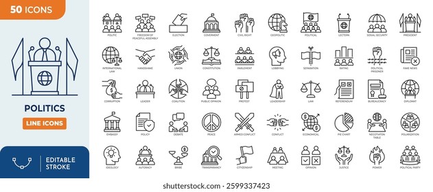 Politics line editable icon set. containing Goverment, president, election, constitution, political party, ideology, and more. Vector illustration