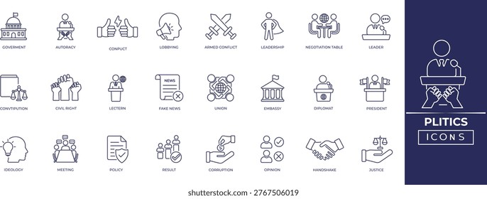 Politics line icon set. containing Goverment, debate, rule, society, union, vote, leader, legal, policy, system, and constitution icons collection.