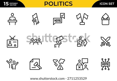 Politics line icon set. Decrees, Votes, Campaigns,  Elections, Flags, Solutions, and Checking. Thin outline icons pack. Vector illustration
