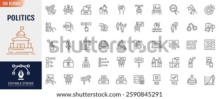 Politics line icon set. Editable stroke. Containing as democracy, vote, government, voting, campaign, political, candidate, president and more. Vector illustration