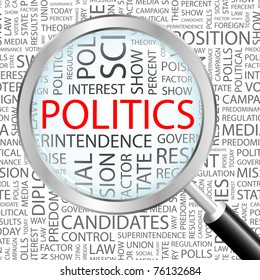 POLITICS. Magnifying glass over background with different association terms. Vector illustration.