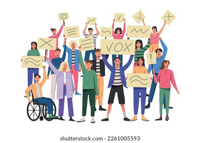 Politics, men and women crowd, people with placards. Youth persons, demonstrating of future opinion, protest or demonstration, activist characters against injustice. Vector garish illustration concept