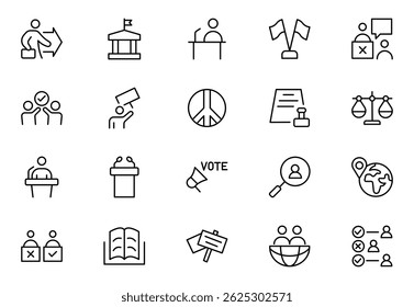 Politics outline Icon Set. A comprehensive collection of icons representing political themes, perfect for enhancing campaign materials, educational resources, and civic engagement initiatives.