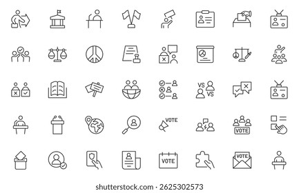 Politics outline Icon Set. A comprehensive collection of icons representing political themes, perfect for enhancing campaign materials, educational resources, and civic engagement initiatives