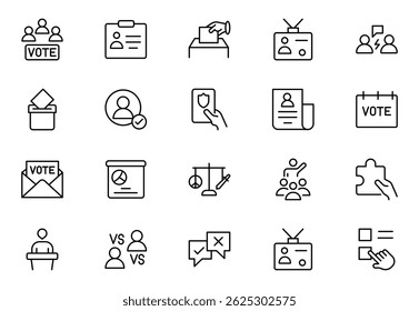 Politics outline Icon Set. A comprehensive collection of icons representing political themes, perfect for enhancing campaign materials, educational resources, and civic engagement initiatives.