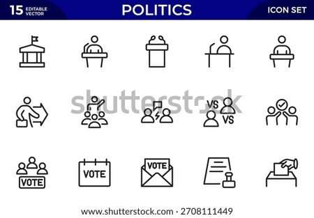 Politics outline Icon Set. A comprehensive collection of icons representing political themes.Thin outline icons pack. Vector illustration