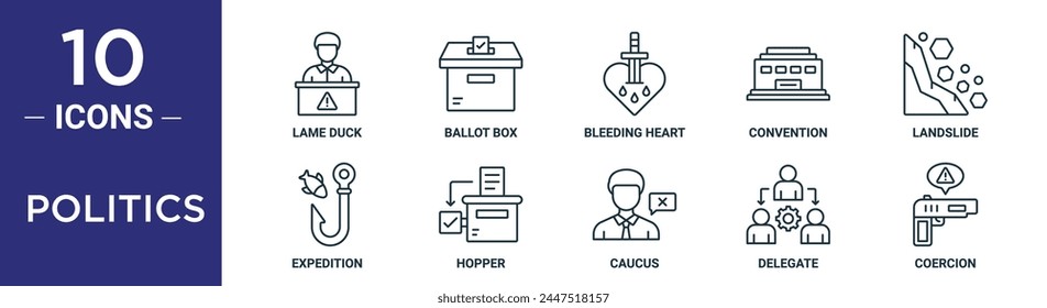 politics outline icon set includes thin line lame duck, ballot box, bleeding heart, convention, landslide, expedition, hopper icons for report, presentation, diagram, web design