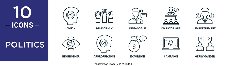 el conjunto de íconos de contorno de política incluye control de línea delgada, democracia, demagogo, dictadura, malversación, hermano mayor, íconos de apropiación para informe, presentación, diagrama, Diseño web