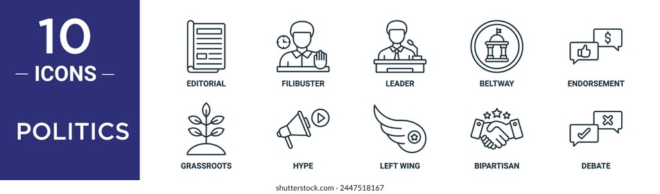 el conjunto de íconos del esquema de política incluye editorial de línea fina, filibustero, líder, carretera de circunvalación, aval, base, íconos de publicidad para informe, presentación, diagrama, Diseño web