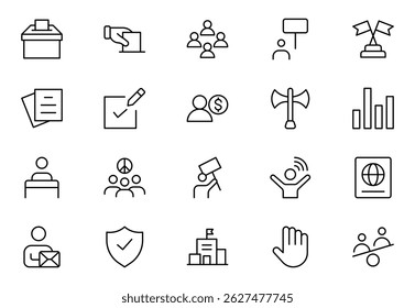 Politics outline Icons Set. A comprehensive collection of icons representing political themes, perfect for enhancing campaign materials, educational resources, Vector illustration.
