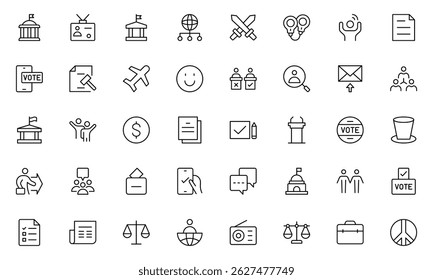 Politics outline Icons Set. A comprehensive collection of icons representing political themes, perfect for enhancing campaign materials, educational resources, Vector illustration.