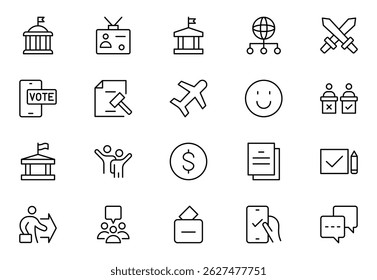 Politics outline Icons Set. A comprehensive collection of icons representing political themes, perfect for enhancing campaign materials, educational resources, Vector illustration.