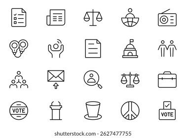 Politics outline Icons Set. A comprehensive collection of icons representing political themes, perfect for enhancing campaign materials, educational resources, Vector illustration.