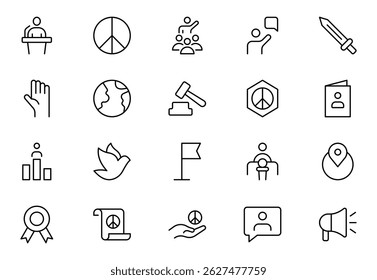 Politics outline Icons Set. A comprehensive collection of icons representing political themes, perfect for enhancing campaign materials, educational resources, Vector illustration.