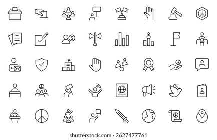 Politics outline Icons Set. A comprehensive collection of icons representing political themes, perfect for enhancing campaign materials, educational resources, Vector illustration.