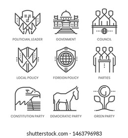 Politik und Parteien verwandt, quadratische Vektorillustration Icon Set für Anwendungen und Website-Entwicklung. Das Symbol-Set ist pixelperfekt mit einem Raster von 64x64. Hergestellt mit Präzision und Auge für Qualität.