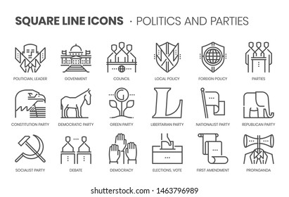 Politics and parties related, pixel perfect, editable stroke, up scalable square line vector icon set. 