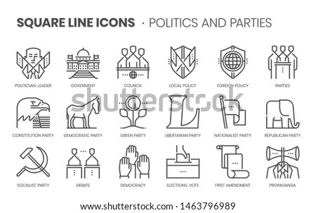 Politics and parties related, pixel perfect, editable stroke, up scalable square line vector icon set. 