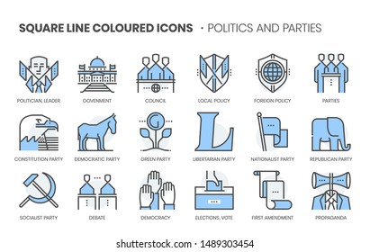 Politics and parties related, square line color vector icon set for applications and website development. The icon set is pixelperfect with 64x64 grid. Crafted with precision and eye for quality.