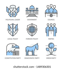 Politics and parties related, square line color vector icon set for applications and website development. The icon set is pixelperfect with 64x64 grid. Crafted with precision and eye for quality.