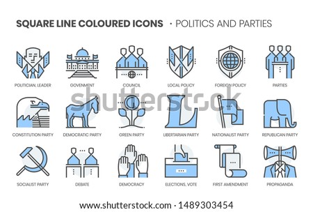 Politics and parties related, square line color vector icon set for applications and website development. The icon set is pixelperfect with 64x64 grid. Crafted with precision and eye for quality.