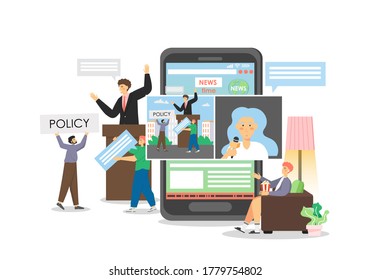 Politics And Political News, Vector Flat Illustration. Politician Speaking In Public Presenting His Policy Speech Gesturing Behind Rostrum. People Following Political News Stories, Videos On Mobile.