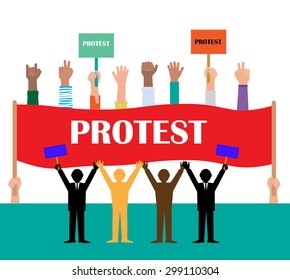 Politics.  Protest People Silhouette, Flag Banner Vector Illustration