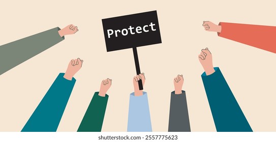 Politics Protest and revolution. No WAR.  riot Mass protest crowd demonstrators with banners and flags. Manifestation crowds people with raised hands and banners or. Vector illustration 