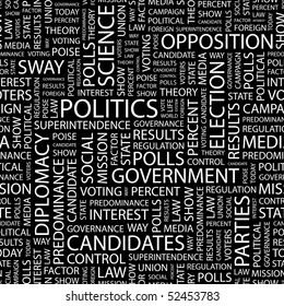 POLITICS. Seamless vector background. Wordcloud illustration.