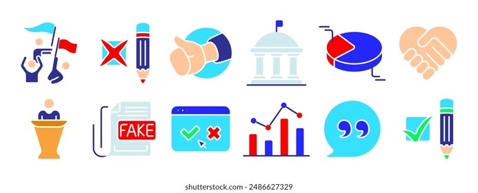Politics set icon. Voting, debate, political campaign, handshake, government building, pie chart, ballot, exit poll, protest, podium, check mark, statistics, democracy, election concept.
