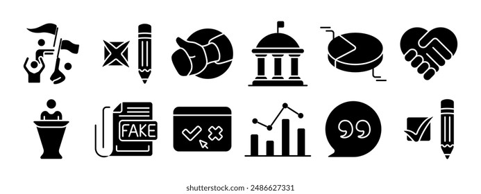 Icono de conjunto de política. Votación, debate, campaña política, apretón de manos, edificio del gobierno, gráfico circular, boleta, encuesta a pie de urna, protesta, podio, marca de verificación, estadísticas, democracia, concepto electoral.