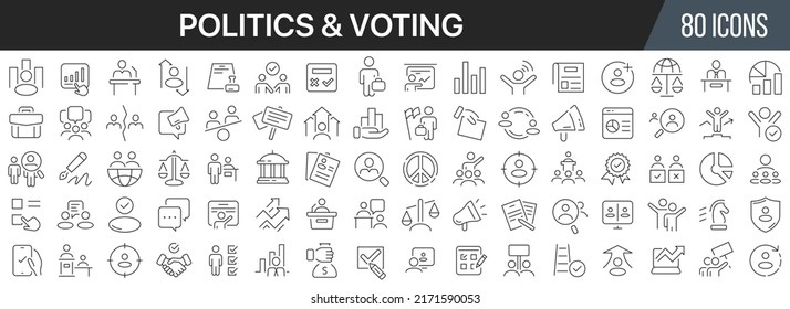 Politics and vote line icons collection. Big UI icon set in a flat design. Thin outline icons pack. Vector illustration EPS10