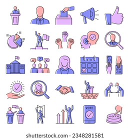 Politics and voting icon set in colored line style. Administration and elections symbols. Vector illustration.