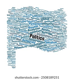 Politics Word Cloud. Composition of Words Related to Political Terminology. Diverse Political Concepts for Education and Analysis. Isolated White Background.