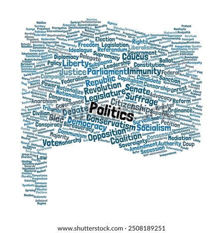 Politics Word Cloud. Composition of Words Related to Political Terminology. Diverse Political Concepts for Education and Analysis. Isolated White Background.