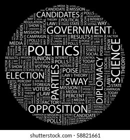 POLITICS. Word collage on black background. Illustration with different association terms.