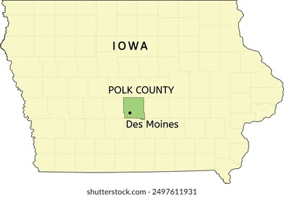 Polk County and city of Des Moines location on Iowa state map