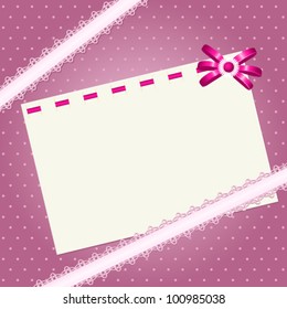 Polka dot background with card, bow and lace. scrapbook template