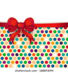 Polka dot background card with red bow. Vector illustration