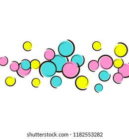 Polka dot background with comic pop art confetti. Big colored spots, spirals and circles on white. Vector illustration. Trendy childish splash for birthday party. Rainbow polka dot background.