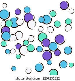 Polka dot background with comic pop art confetti. Big colored spots, spirals and circles on white. Vector illustration. Plastic childish splash for birthday party. Rainbow polka dot background.