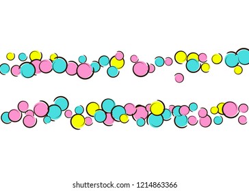 Polka dot background with comic pop art confetti. Big colored spots, spirals and circles on white. Vector illustration. Colorful childish splash for birthday party. Rainbow polka dot background.